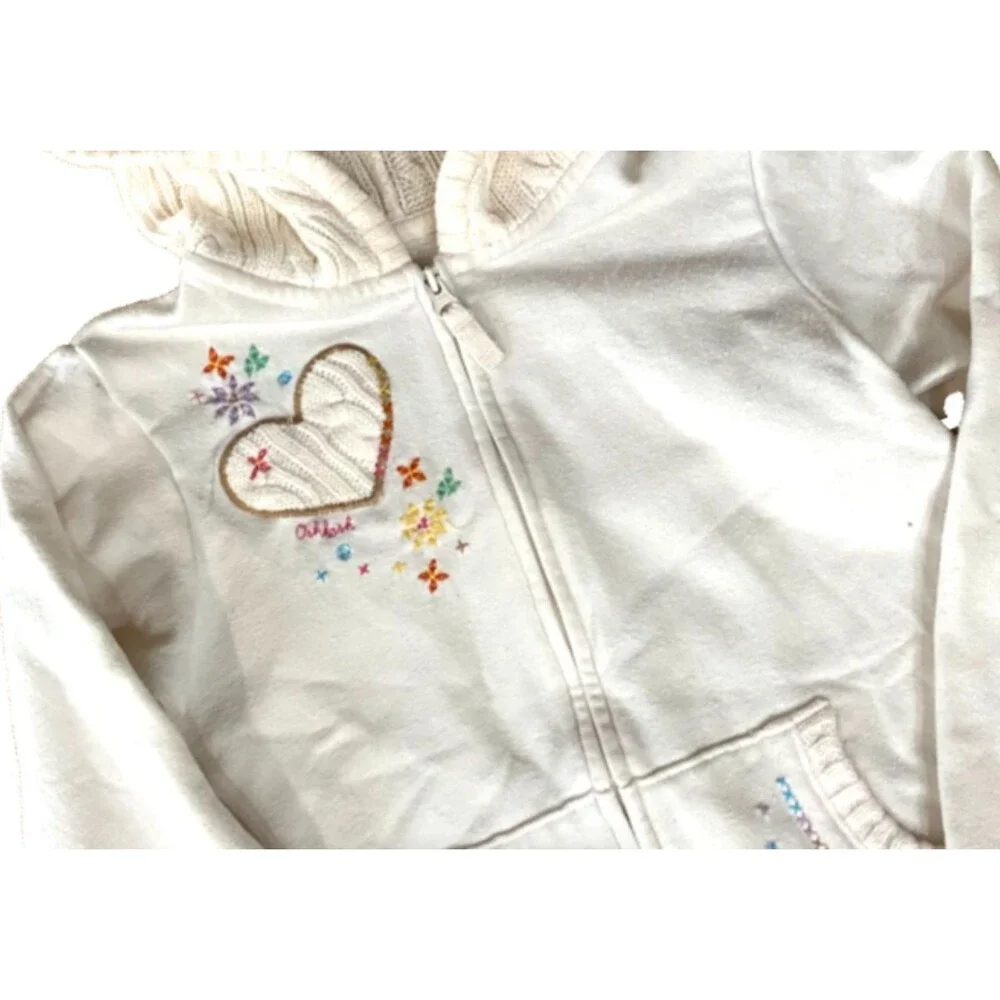 OshKosh B'gosh Girls 6X Hoodie White Zip Jacket Embroidered Floral Heart Cottage